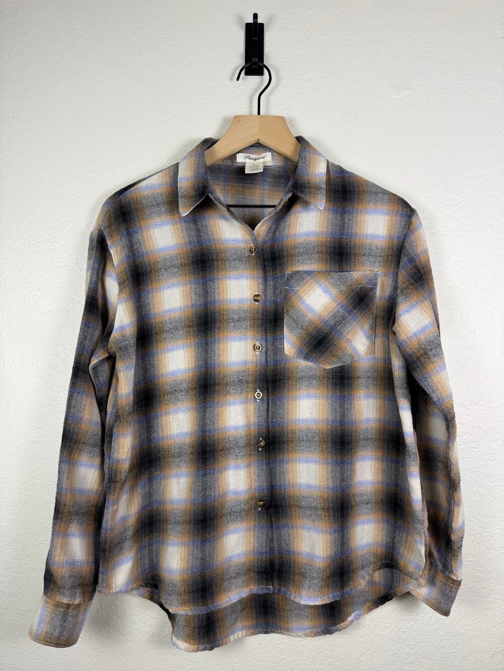 Plaid Flannel Shirt Women’s Small Blue Gray Tan Fall Button Up